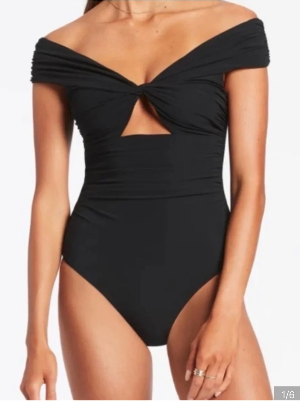 Anthropologie JETS Black Off-Shoulder Twist Front One-Piece Swimsuit